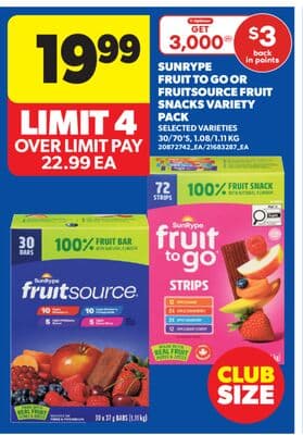 SUNRYPE FRUIT TO GO OR FRUITSOURCE FRUIT SNACKS VARIETY PACK