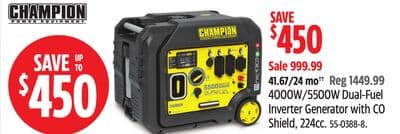 Champion 4000W/5500W Dual-Fuel Inverter Generator with CO Shield, 224cc.