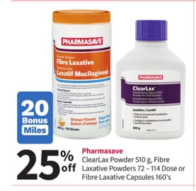 Pharmasave ClearLax Powder 510 g, Fibre Laxative Powders 72 – 114 Dose or Fibre Laxative Capsules 160's