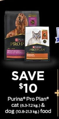 Save $10 Purina Pro Plan cat (6.3-7.2 kg) & dog (10.8-21.3 kg) food