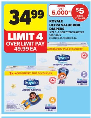 ROYALE ULTRA VALUE BOX DIAPERS, SIZE 3-6, 108-180'S