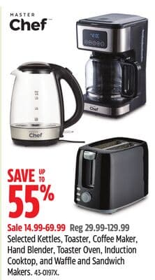 Master Chef Selected Kettles, Toaster, Coffee Maker, Hand Blender, Toaster Oven, Induction Cooktop, and Waffle and Sandwich Makers