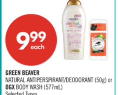 GREEN BEAVER NATURAL DEODORANT (50g) or OGX BODY WASH (577mL)