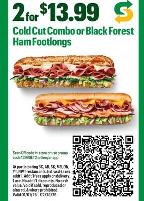 Cold Cut Combo or Black Forest Ham Footlongs