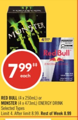 RED BULL (4 x 250mL) or MONSTER (4 x 473mL) ENERGY DRINK