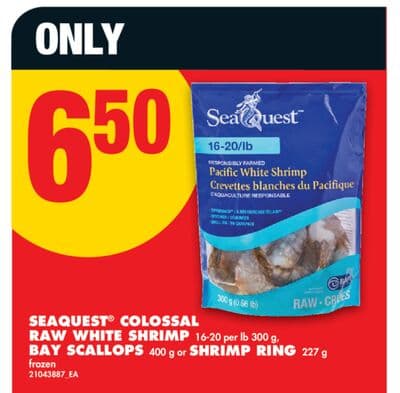 SEAQUEST® COLOSSAL RAW WHITE SHRIMP, 16-20 PER LB, 300 G, BAY SCALLOPS, 400 G OR SHRIMP RING, 227 G