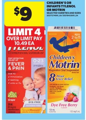 CHILDREN'S OR INFANTS TYLENOL OR MOTRIN