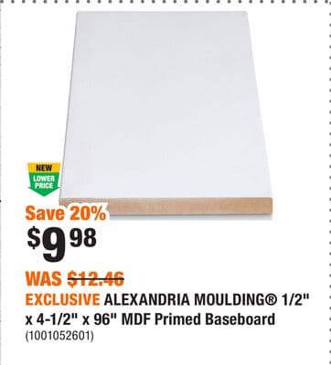 EXCLUSIVE ALEXANDRIA MOULDING® 1/2" x 4-1/2" x 96" MDF Primed Baseboard