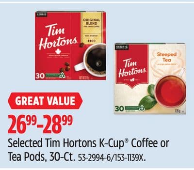 Keurig Selected Tim Hortons K-Cup® Coffee or Tea Pods, 30-Ct