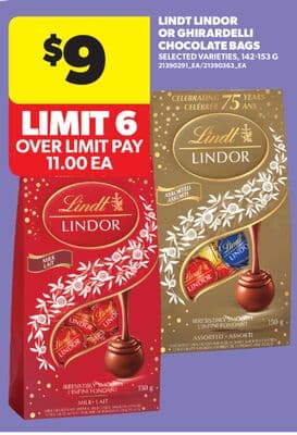 LINDT LINDOR OR GHIRARDELLI CHOCOLATE BAGS, 142-153 G
