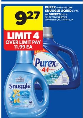 PUREX, 4.08-4.43 L OR SNUGGLE LIQUID, 2.77 L OR SHEETS, 200'S