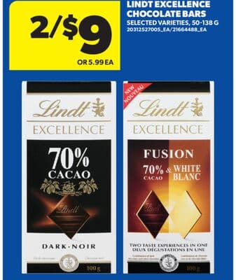 LINDT EXCELLENCE CHOCOLATE BARS, 50-138 G