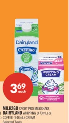MILK2GO SPORT PRO MILKSHAKE, DAIRYLAND WHIPPING (473mL) or COFFEE (946mL) CREAM
