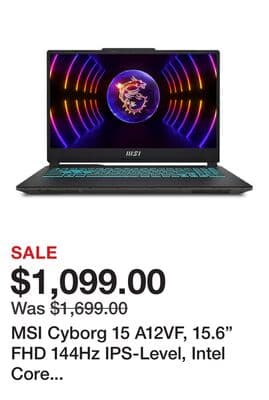 MSI Cyborg 15 A12VF, 15.6" FHD 144Hz IPS-Level, Intel Core i7-12650H, NVIDIA GeForce RTX 4060, 16GB DDR5, 512GB SSD, Windows 11 Home (A12VF-2064CA)