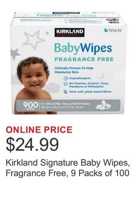 Kirkland Signature Baby Wipes, Fragrance Free, 9 Packs of 100