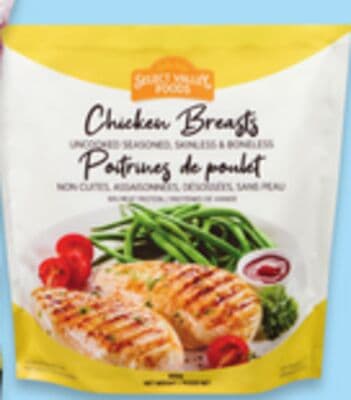 Great Value frozen meat, seafood or appetizers value pack 500 g - 1.81 kg or Select Valley boneless skinless chicken breasts 800 g