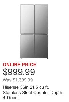 Hisense 36in 21.5 cu ft. Stainless Steel Counter Depth 4-Door Refrigerator with Triple-Zone Function