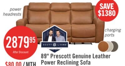 Scott Living Prescott 88.5" Genuine Leather Power Reclining Sofa with Power Headrests - Butternut Brown
